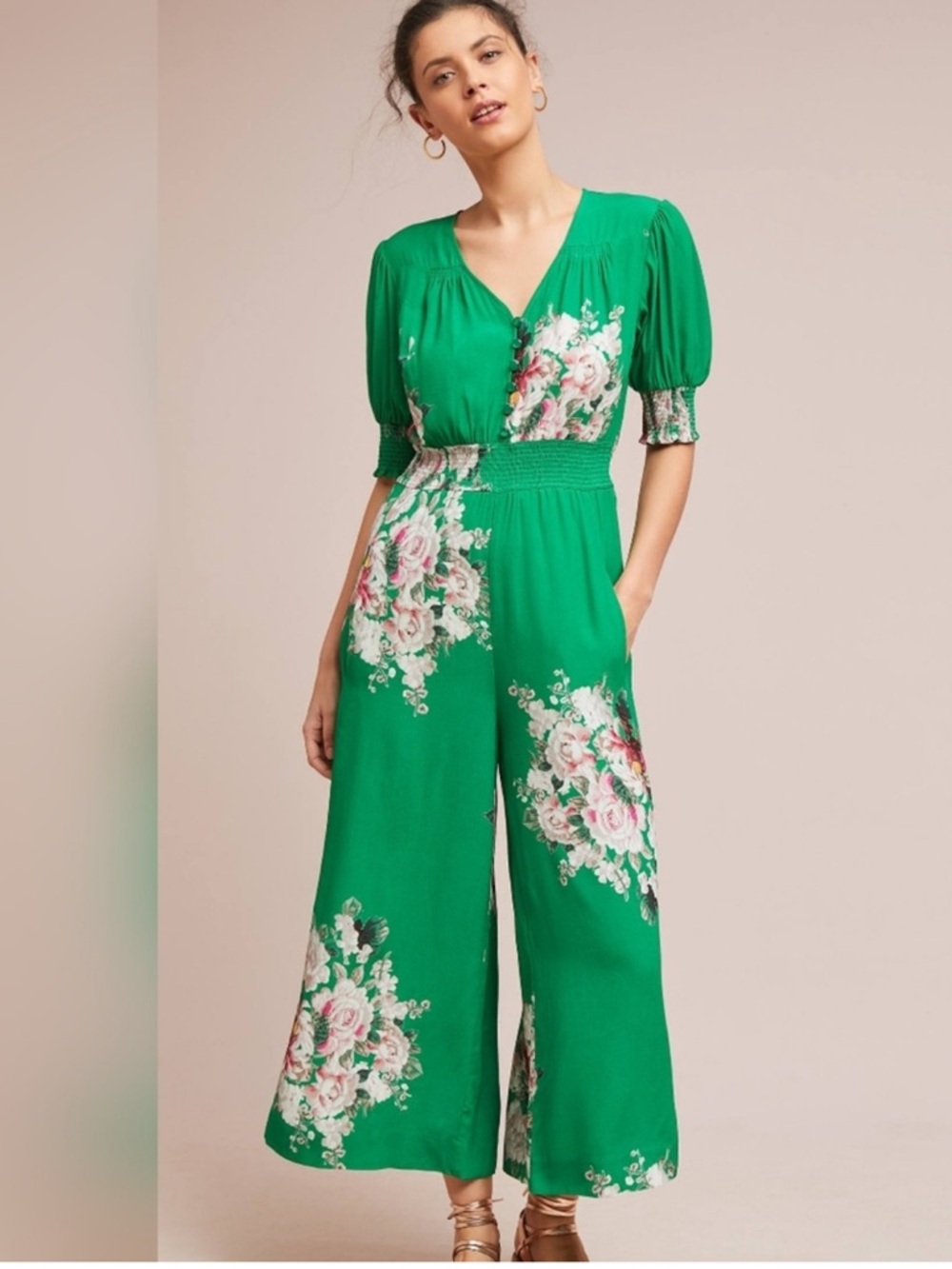 Tracy Reese x Anthropologie Longwood Green Floral Jumpsuit Size 6